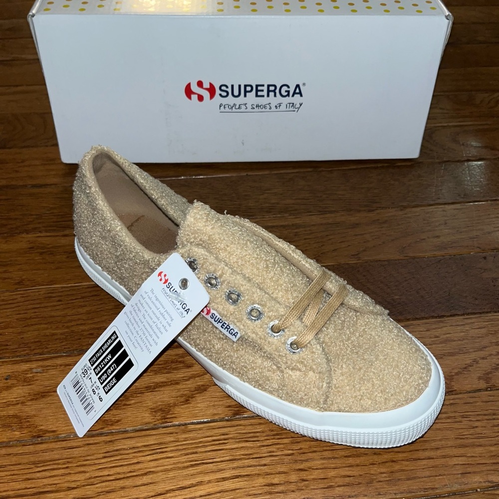 Superga Beige Shearling Lace Up Sneaker Women’s EU Size 39.5 NEW - Picture 2 of 5